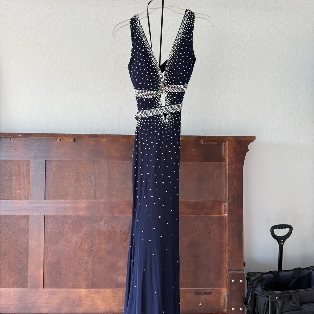 Jovani Navy Blue Dress with Rhinestone Embellishments - Picture 2 of 6